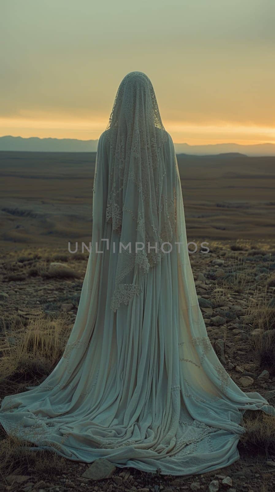 A lone woman stands in a field wearing a white dress, surrounded by nature.
