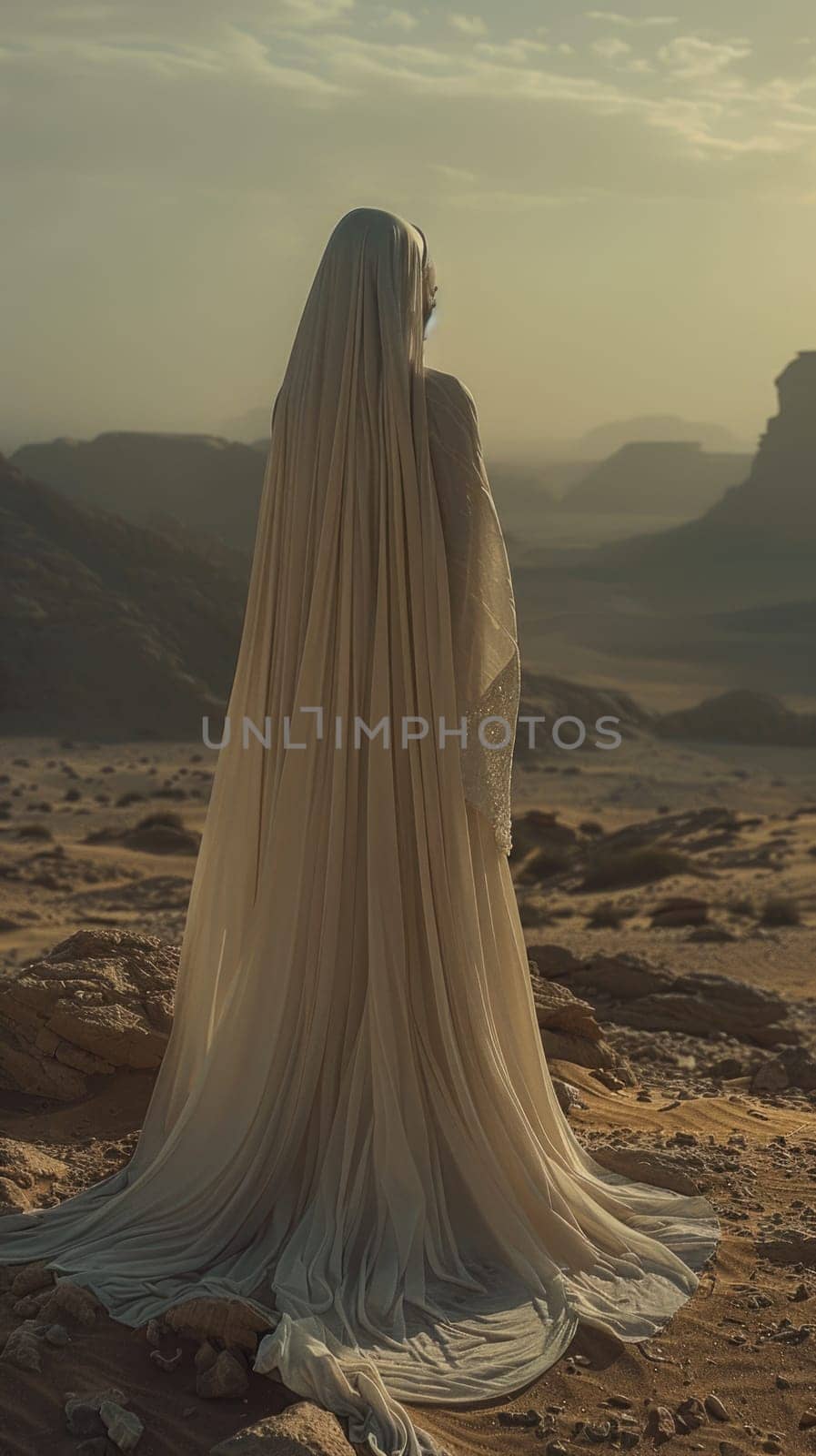 A woman with long hair standing in the desert under the clear blue sky.
