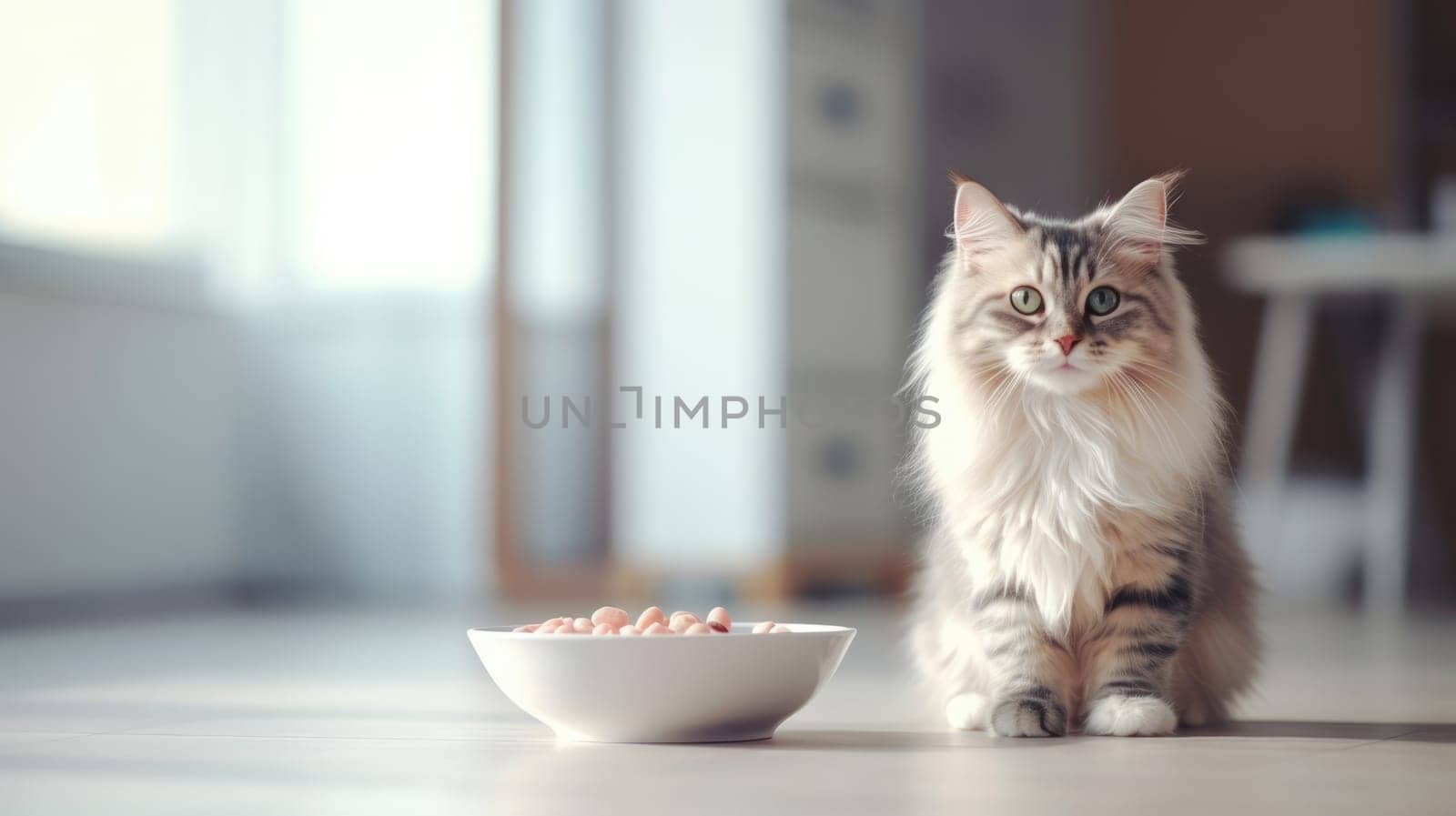 Cat eats food from a bowl, a light white modern apartment at blurred background AI