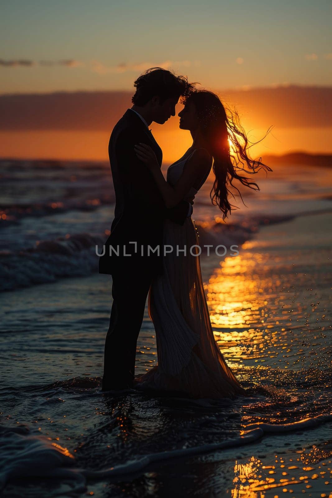 A bride and groom sharing a romantic kiss on the beach as the sun sets in the background.