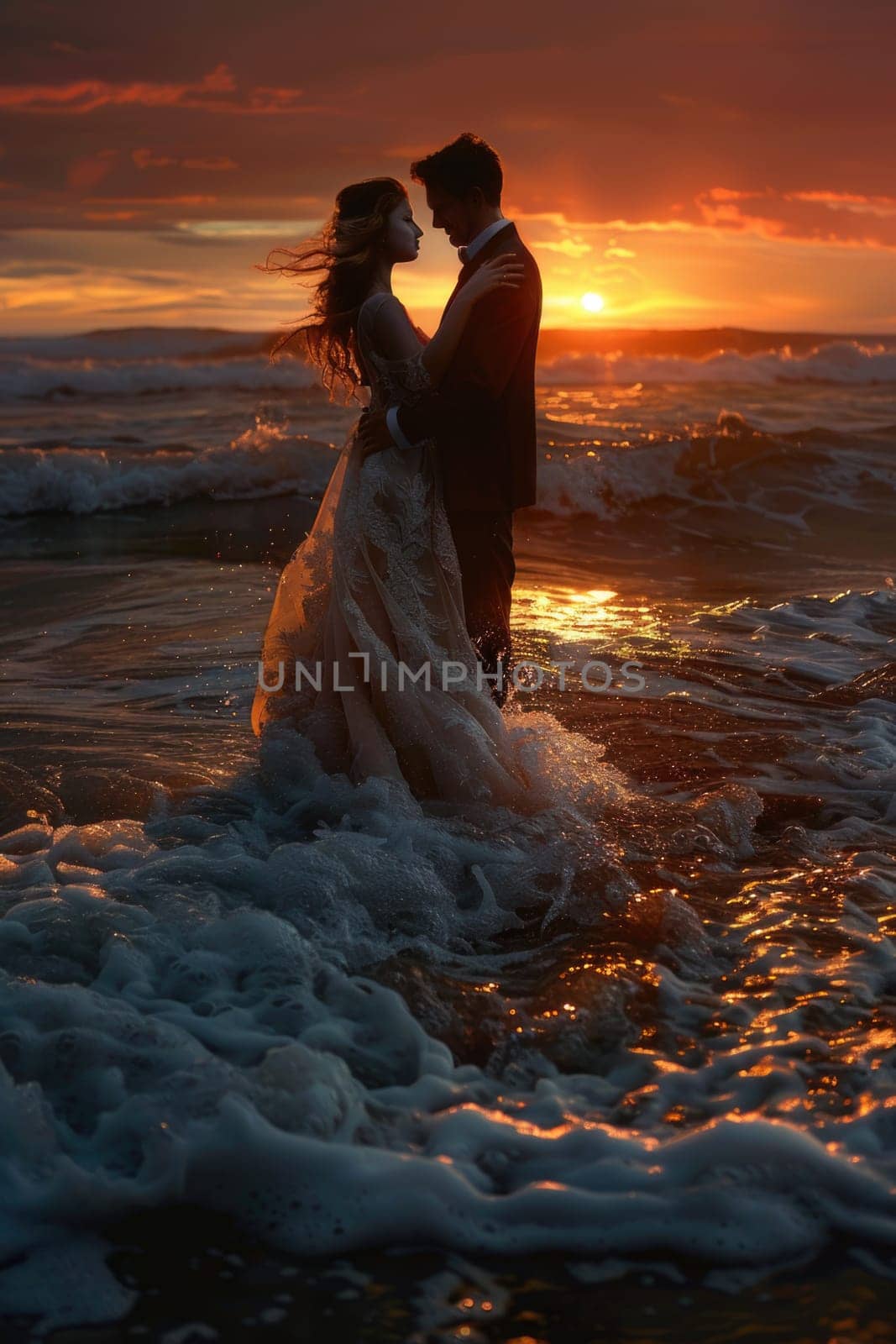 Bride and Groom Standing in Ocean at Sunset by but_photo