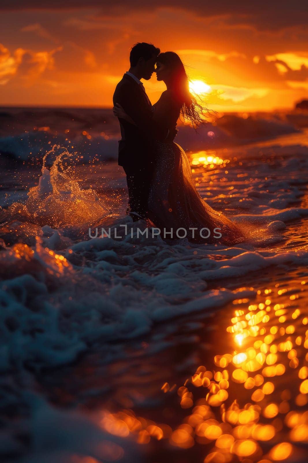 Man and Woman Kissing in Ocean at Sunset by but_photo