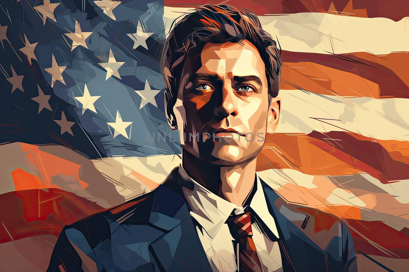 Man in a tie against the background of the US flag. Serious powerful politician stands against the background of American flag, Generative AI