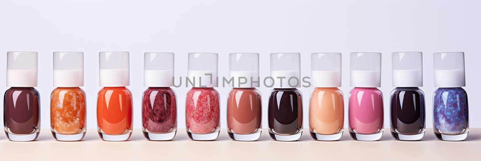 Brightly colored nail polishes in different cans, Nail care, manicure, Ai by AnatoliiFoto