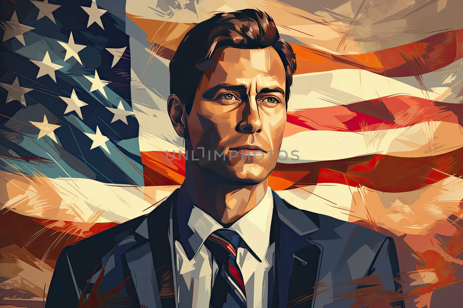 Man in a tie against the background of the US flag. Serious powerful politician by AnatoliiFoto