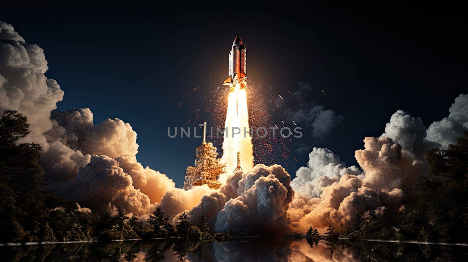 Rocket starts into space, Travel to Mars, New space rocket lift off. Space shuttle with smoke and blast takes off into space,Concept, generative Ai