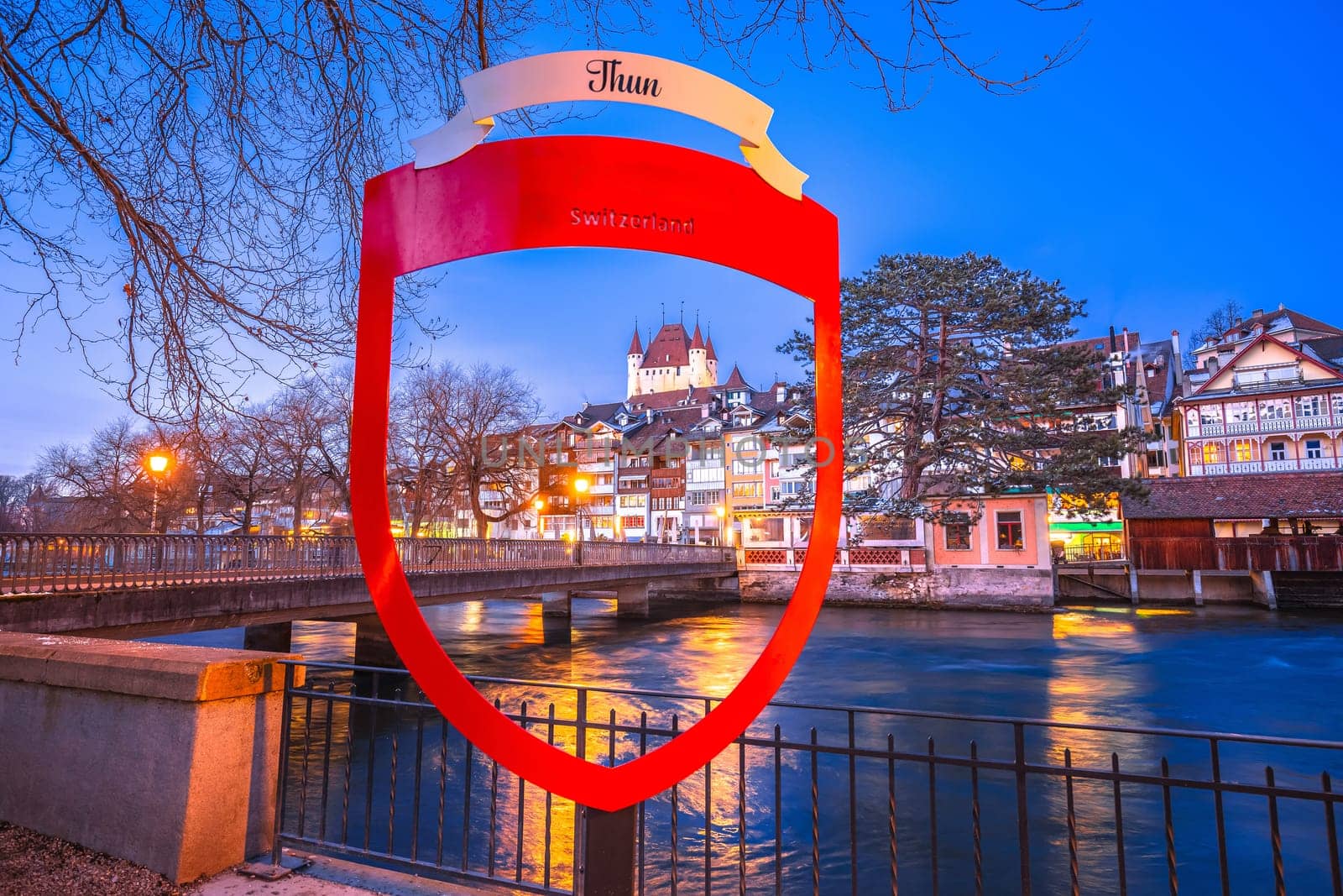 Town of Thun and Aare river winter waterfront view, Bern region of Switzerland