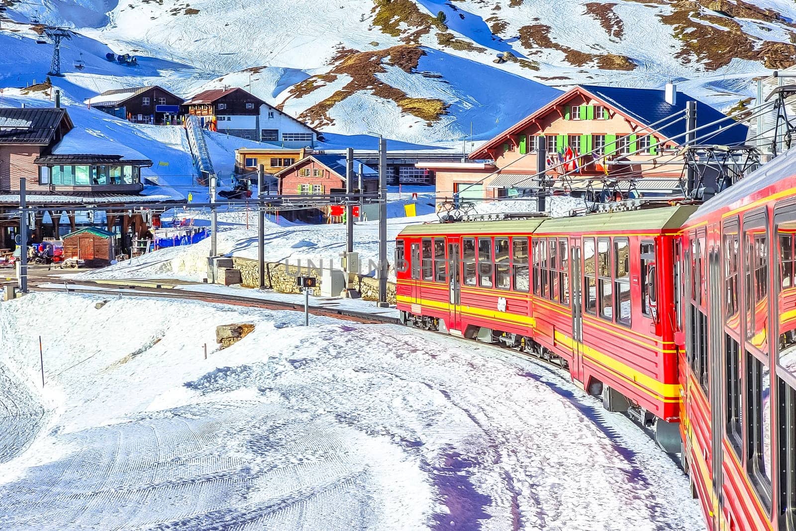 Kleine Scheidegg railway to Jungfraujoch peak view, Berner Oberland region of Switzerland