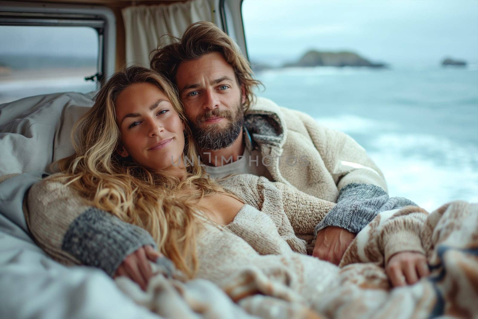 Couple lying in camper van at vacation.