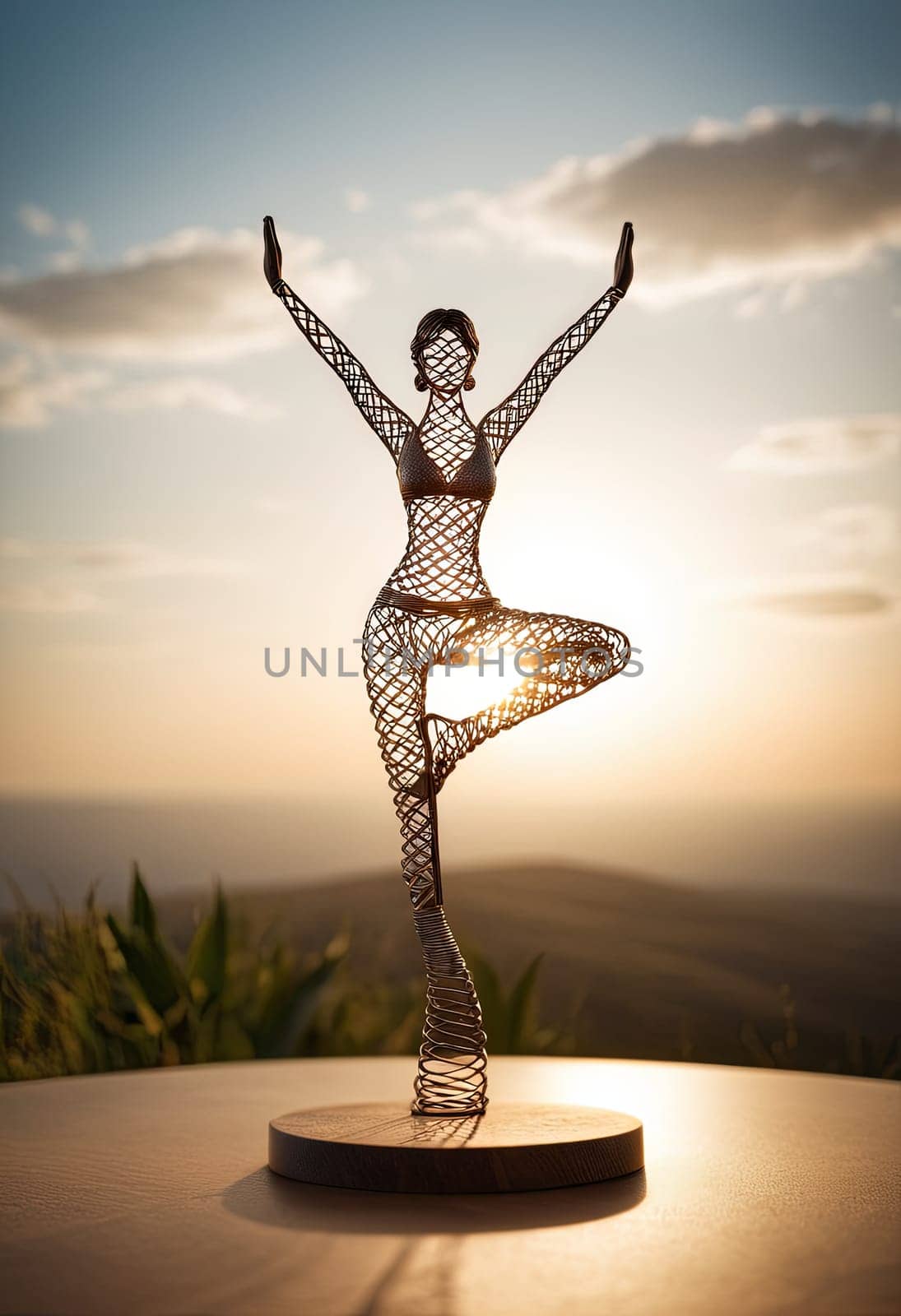 Woman in yoga pose, bent wire figure on nature backdrop, Creative figures symbol of yoga and harmony, art and serenity intersection. Female fitness yoga routine concept. Healthy lifestyle. by panophotograph