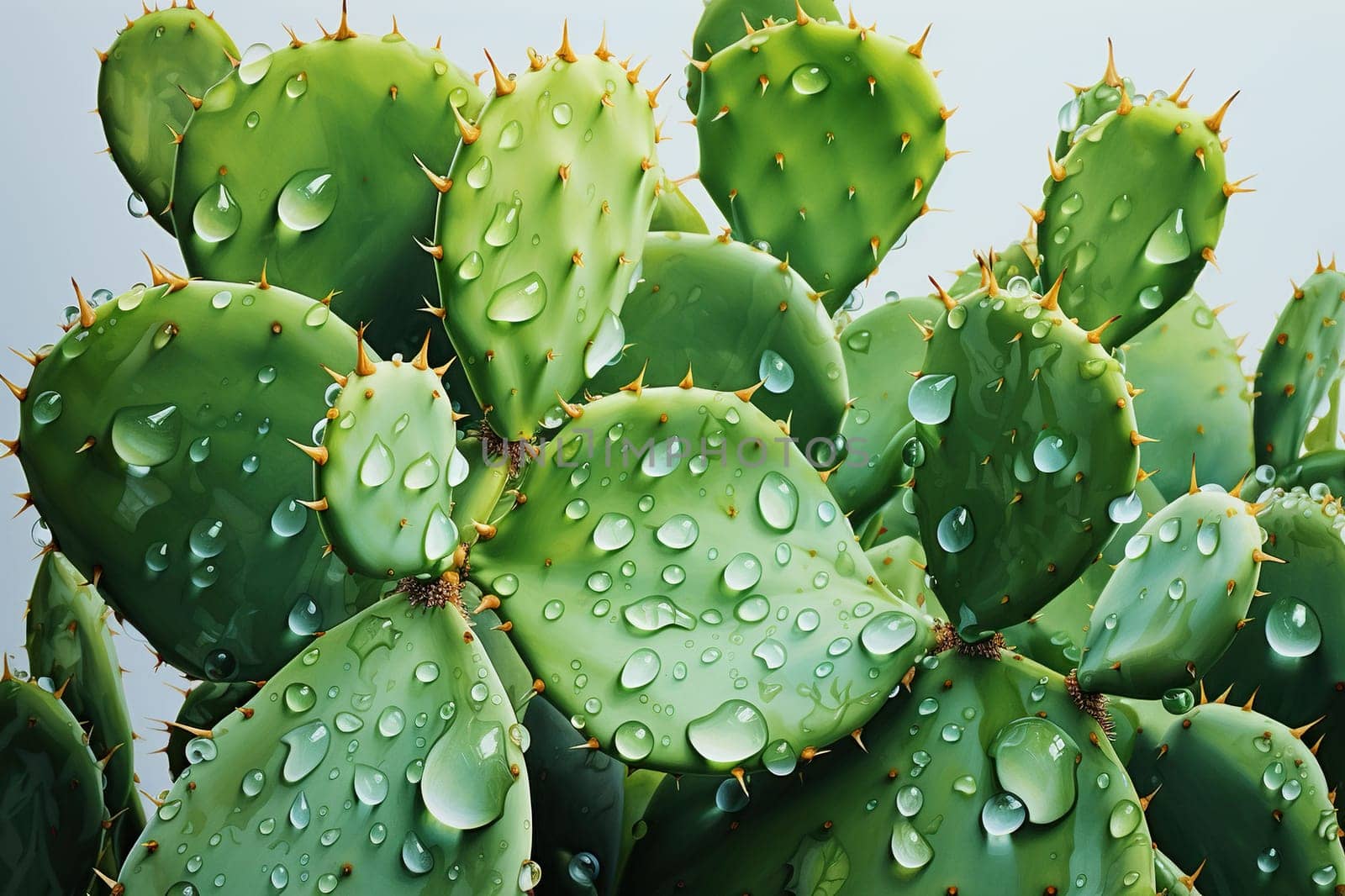 Close-up texture of a cactus with spines in water droplets.