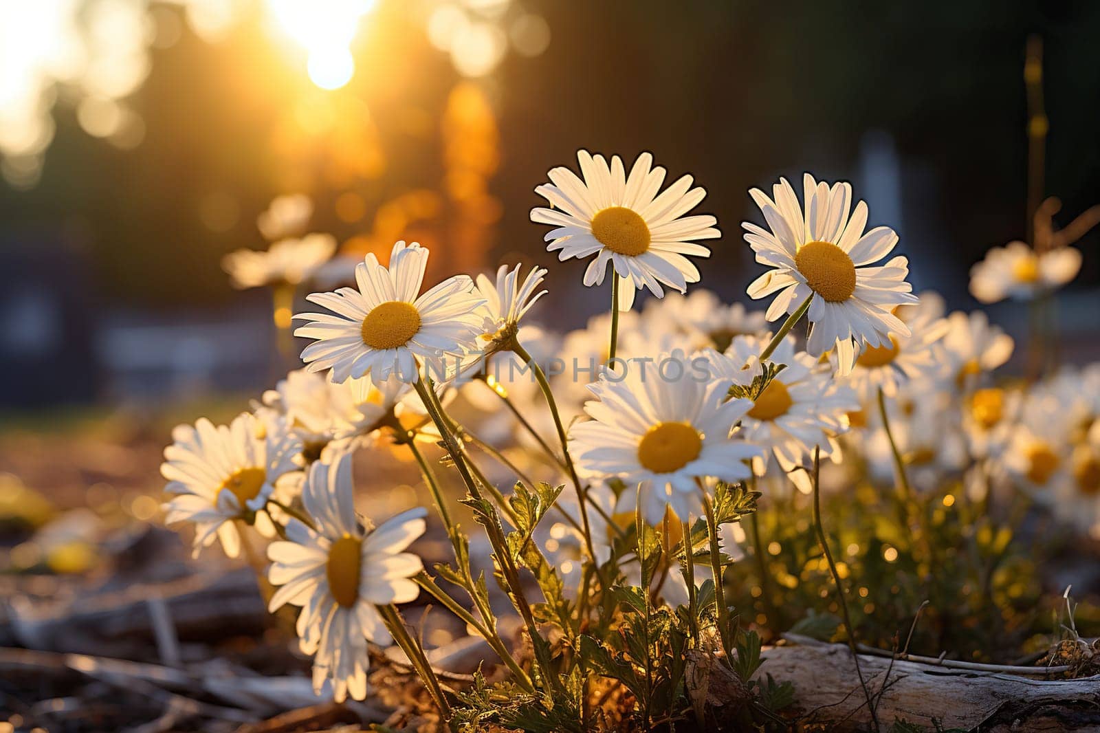 Wild field daisies at sunset. Summer chamomile background.