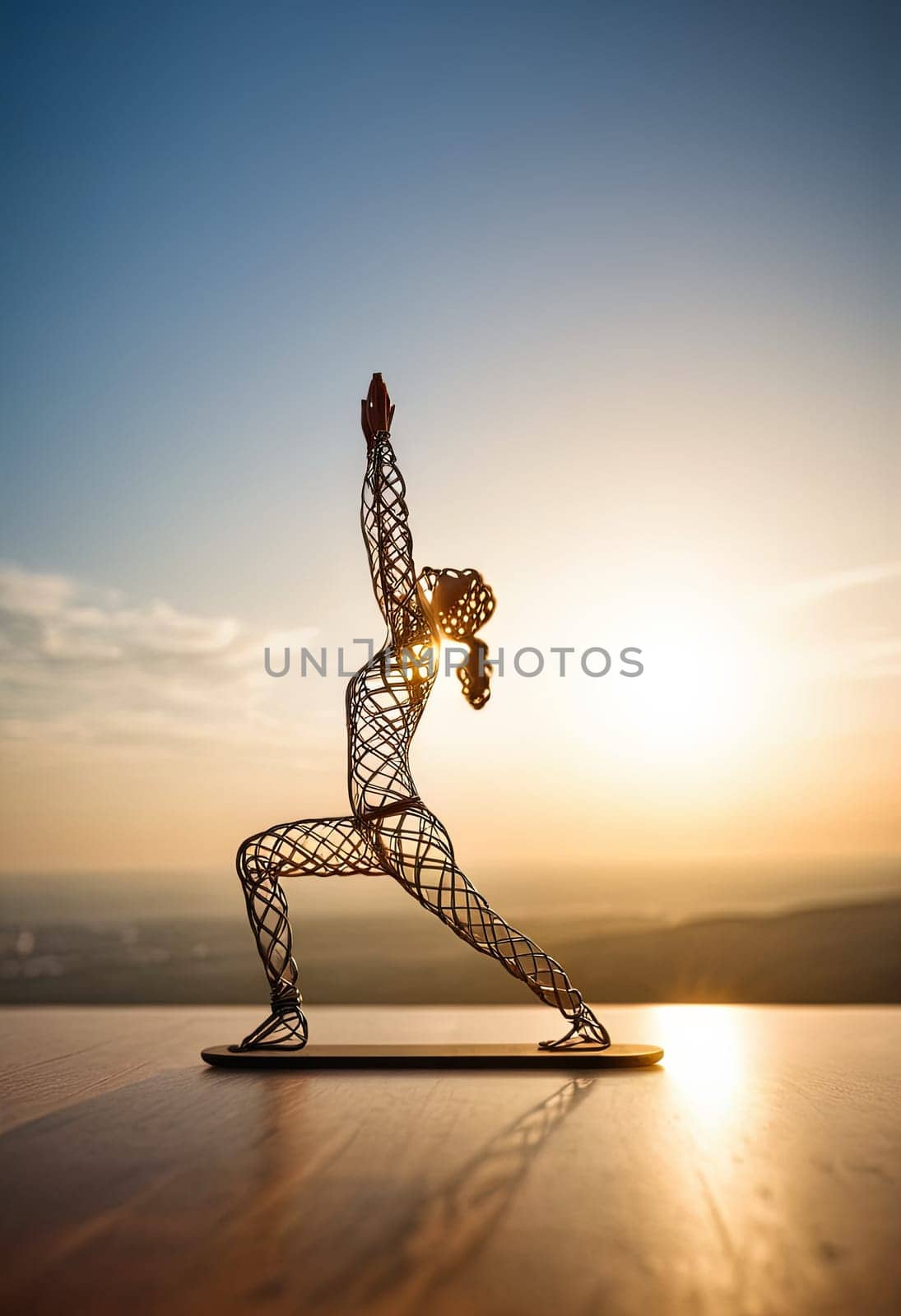 Woman in yoga pose, bent wire figure on nature backdrop, Creative figures symbol of yoga and harmony, art and serenity intersection. Female fitness yoga routine concept. Healthy lifestyle. by panophotograph