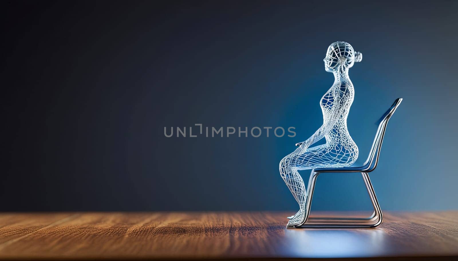 Woman in yoga pose, bent wire figure on blue backdrop, Creative figures symbol of yoga and harmony, art and serenity intersection. Female fitness yoga routine concept. Healthy lifestyle. by panophotograph