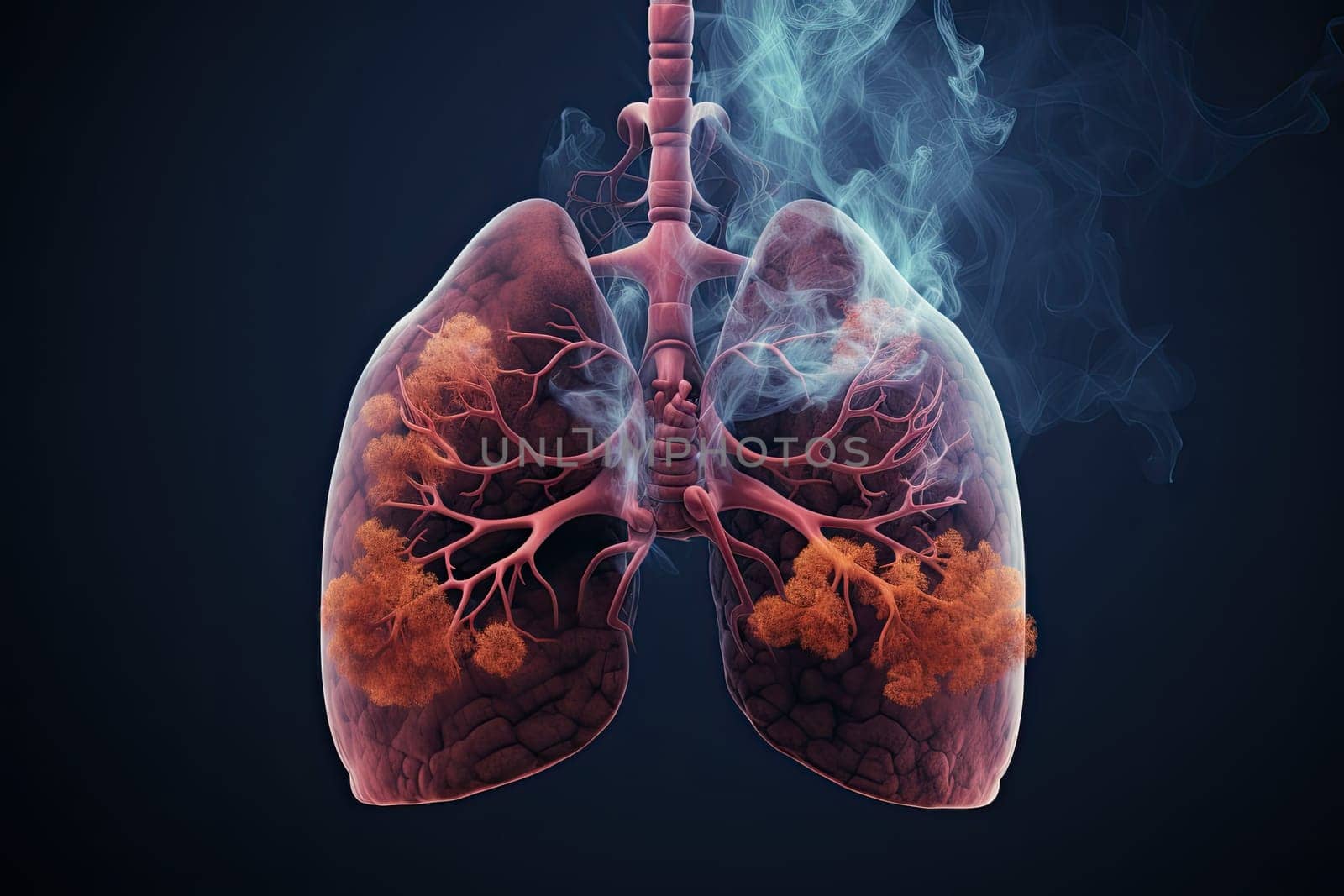 Human lungs with smoke on black background, Human smoker lungs, stop smoking by AnatoliiFoto