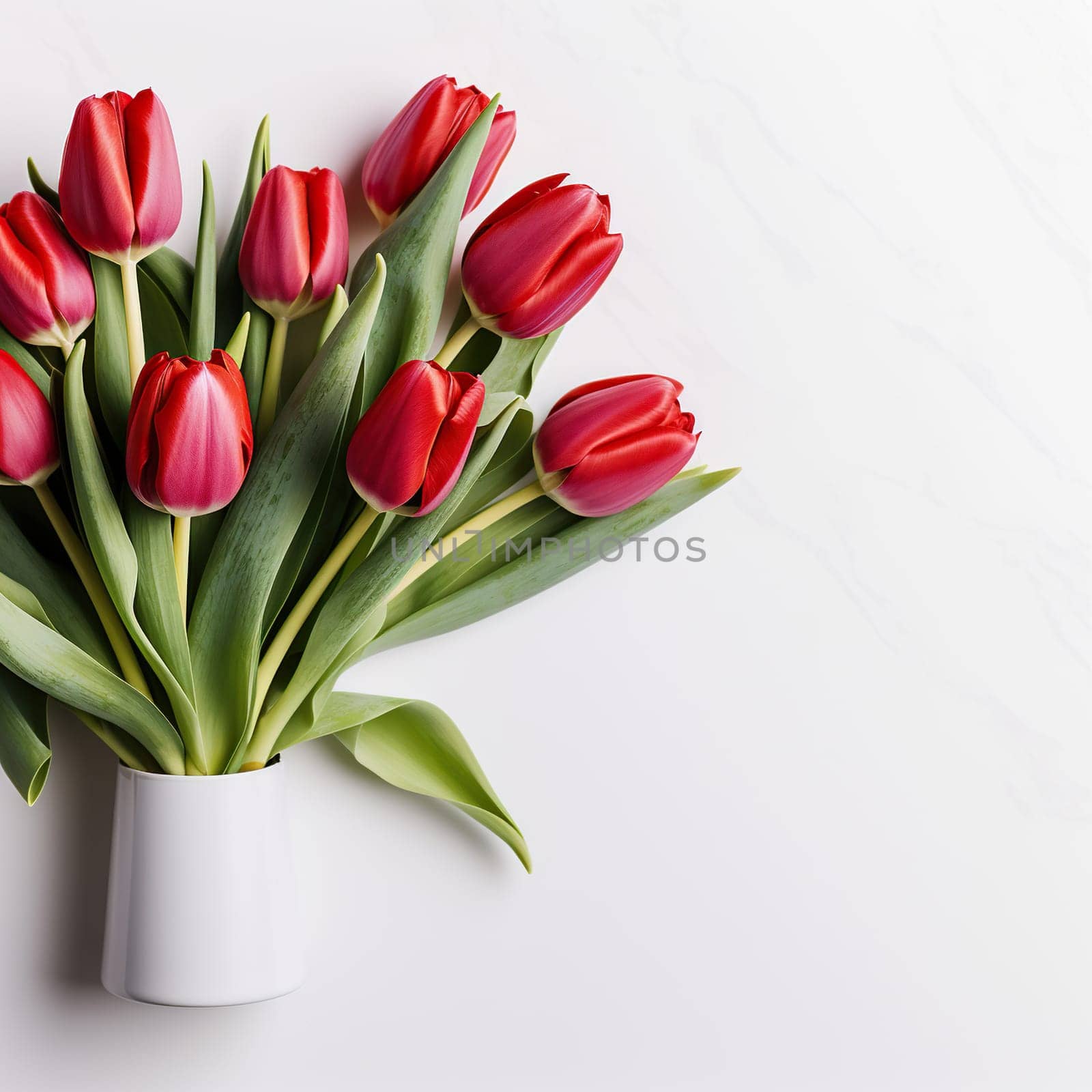 Bouquet of beautiful red tulips on a white background with space for text. Mother's Day, March 8, birthday. Generated by artificial intelligence by Vovmar