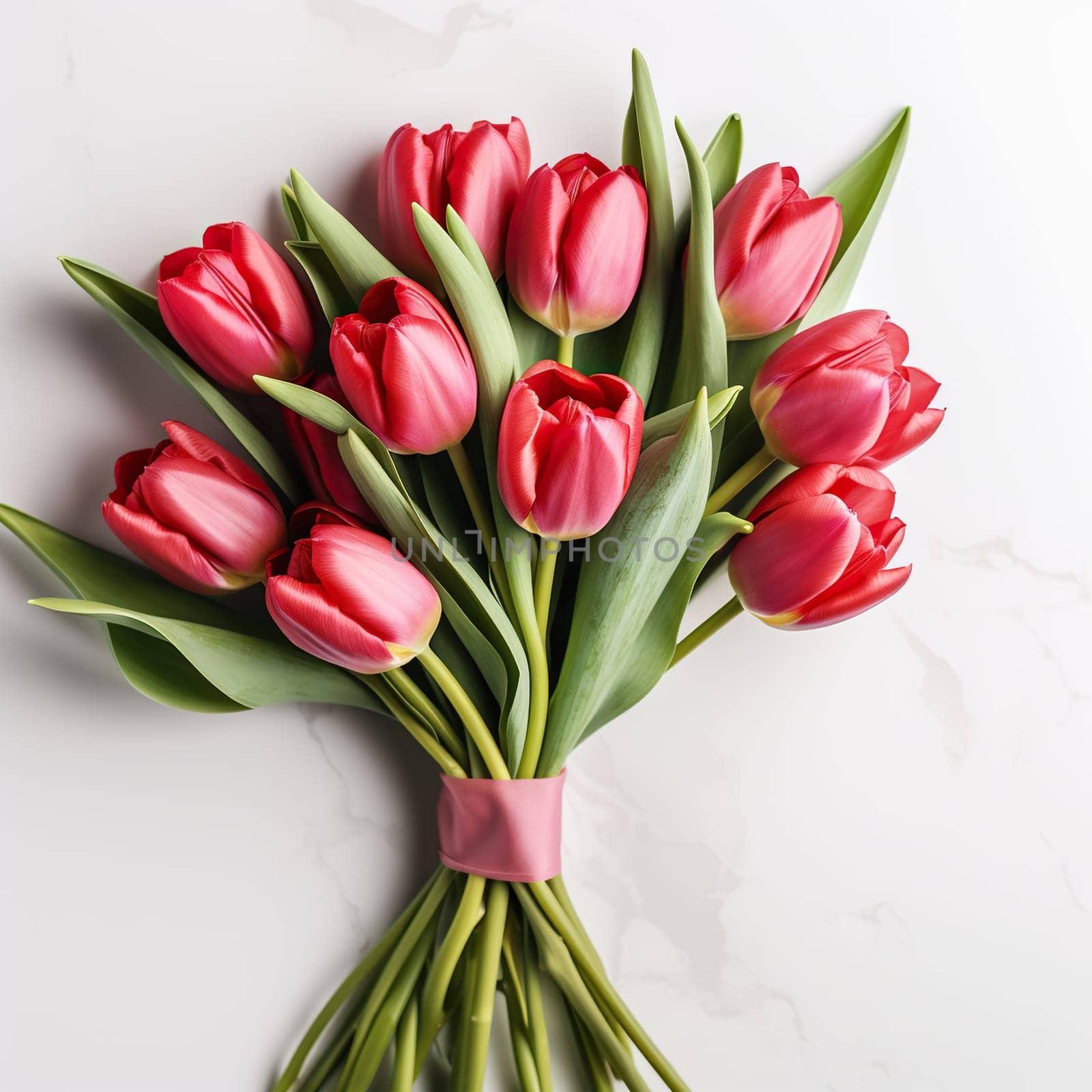 A bouquet of beautiful red tulips on a marble tabletop. Mother's Day, March 8, birthday. Generated by artificial intelligence by Vovmar