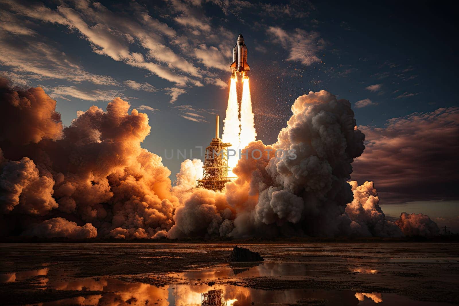 Rocket starts into space, Travel to Mars, New space rocket lift off. Space shuttle with smoke and blast takes off into space,Concept, generative Ai