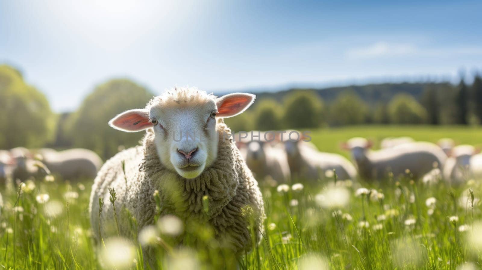 Sheep on green pastures on blurred background AI