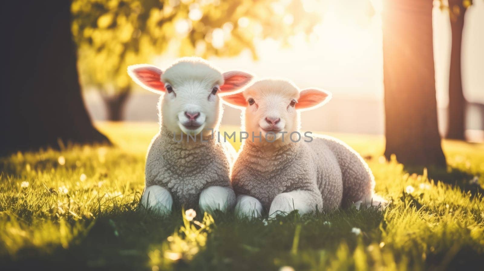 Sheep on green pastures on blurred background AI