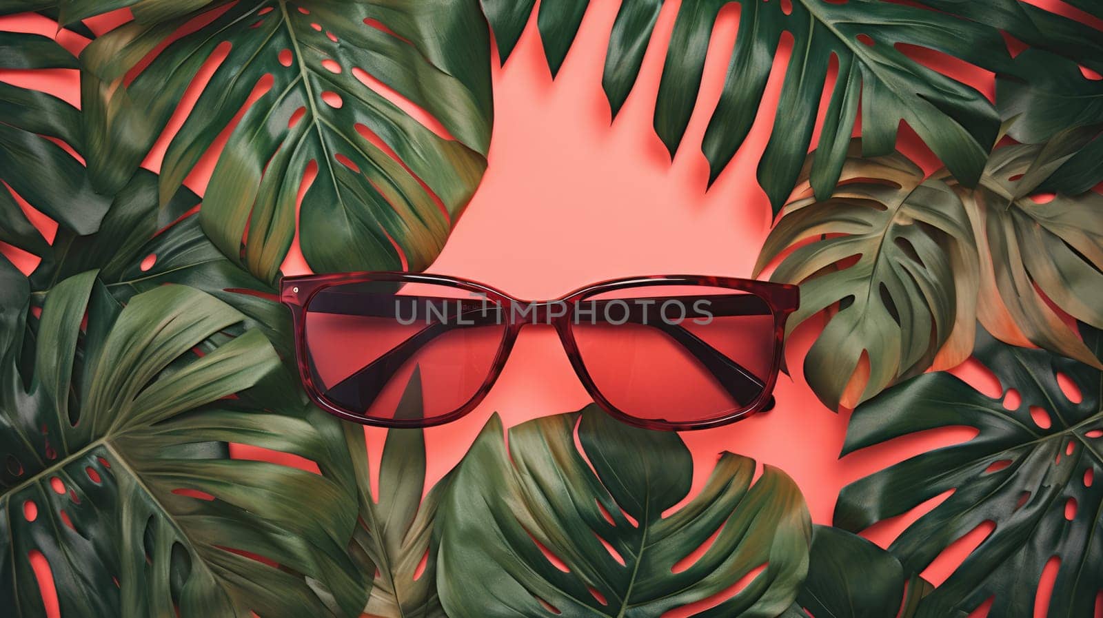 Sunglasses among exotic leaves on a pink background. AI