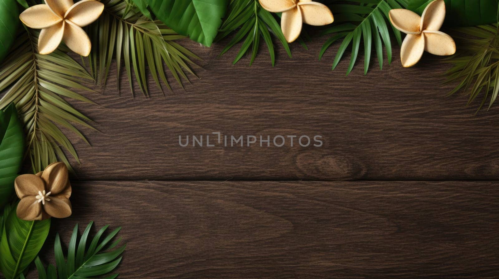 Exotic leaves on a wooden background. Top view frame by natali_brill