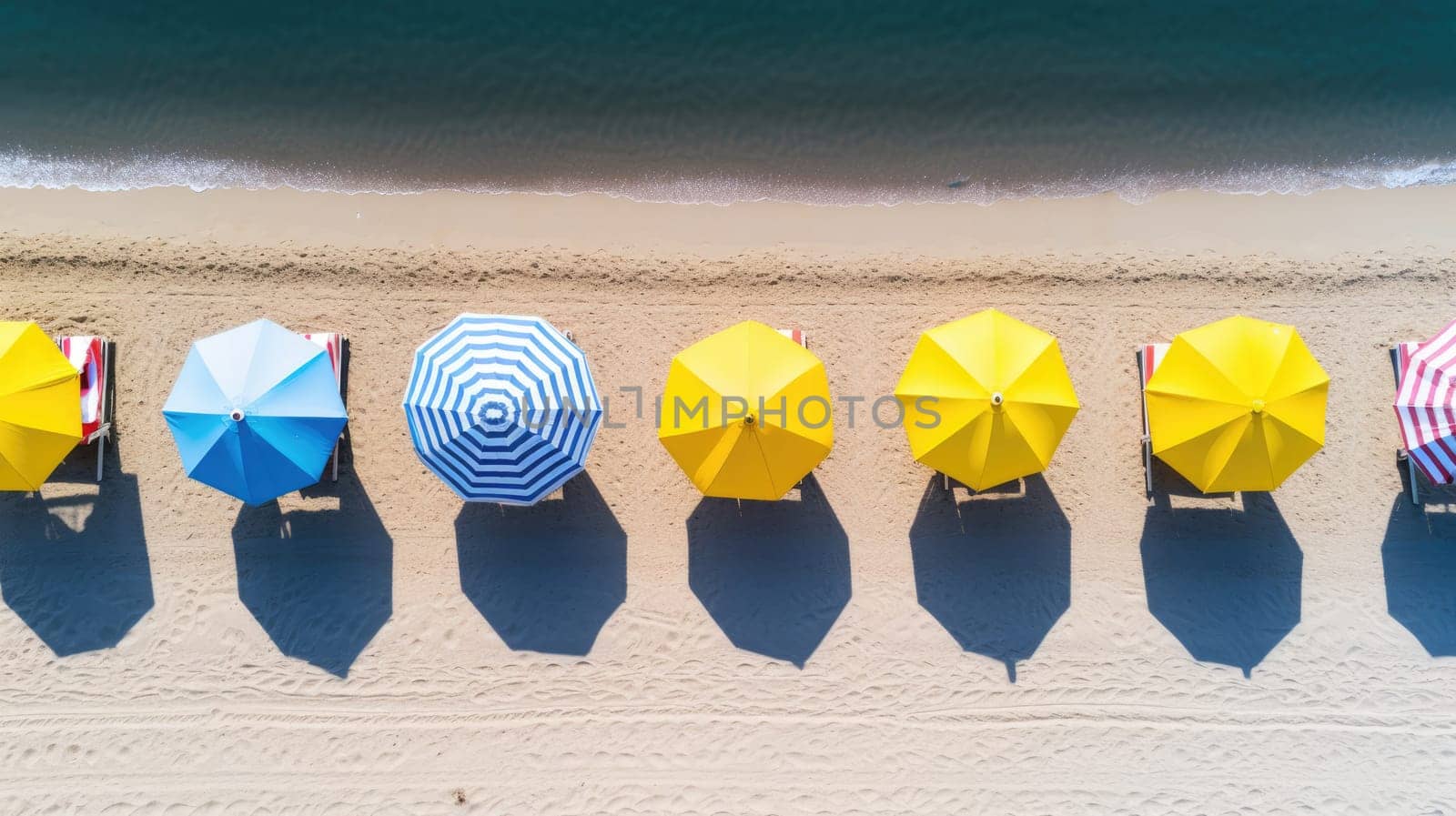 The concept of summer vacation. Top view on an umbrella on the sandy beach by natali_brill