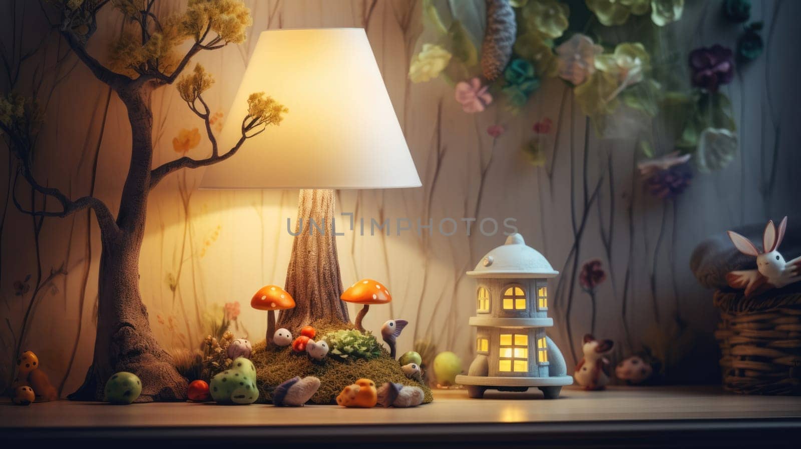 Cozy children's forest-themed room with a charming lamp by natali_brill