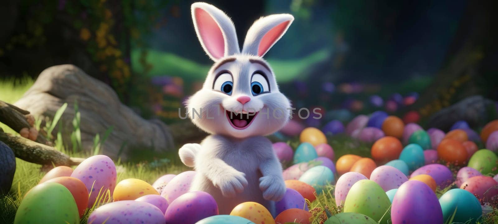 Joyful Cartoon Rabbit with Colorful Easter Eggs in a Spring Meadow.