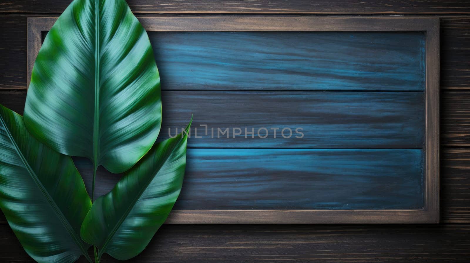 Exotic leaves on a wooden background. Top view frame by natali_brill