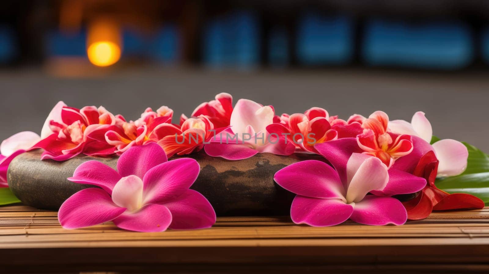 Frangipani flowers. Exotic flowers, against the backdrop of the pool and spa AI