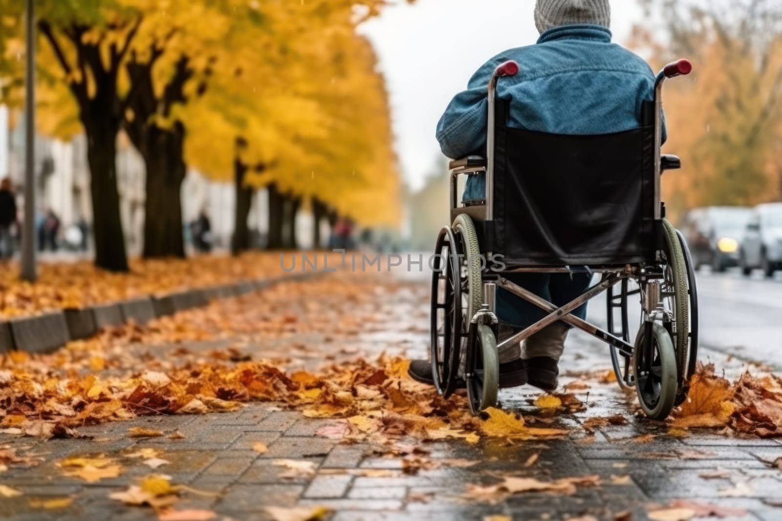 Elderly person in wheelchair in autumn nature .Generative AI by matamnad