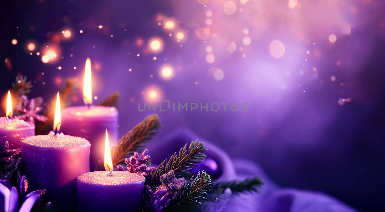 Mockup Blurred Background Ash Wednesday Holiday, The first day of Lent. Greeting Postal Card. Purple Candles, Flowers. Faith and Jesus . AI Generated. Horizontal Space For Text.