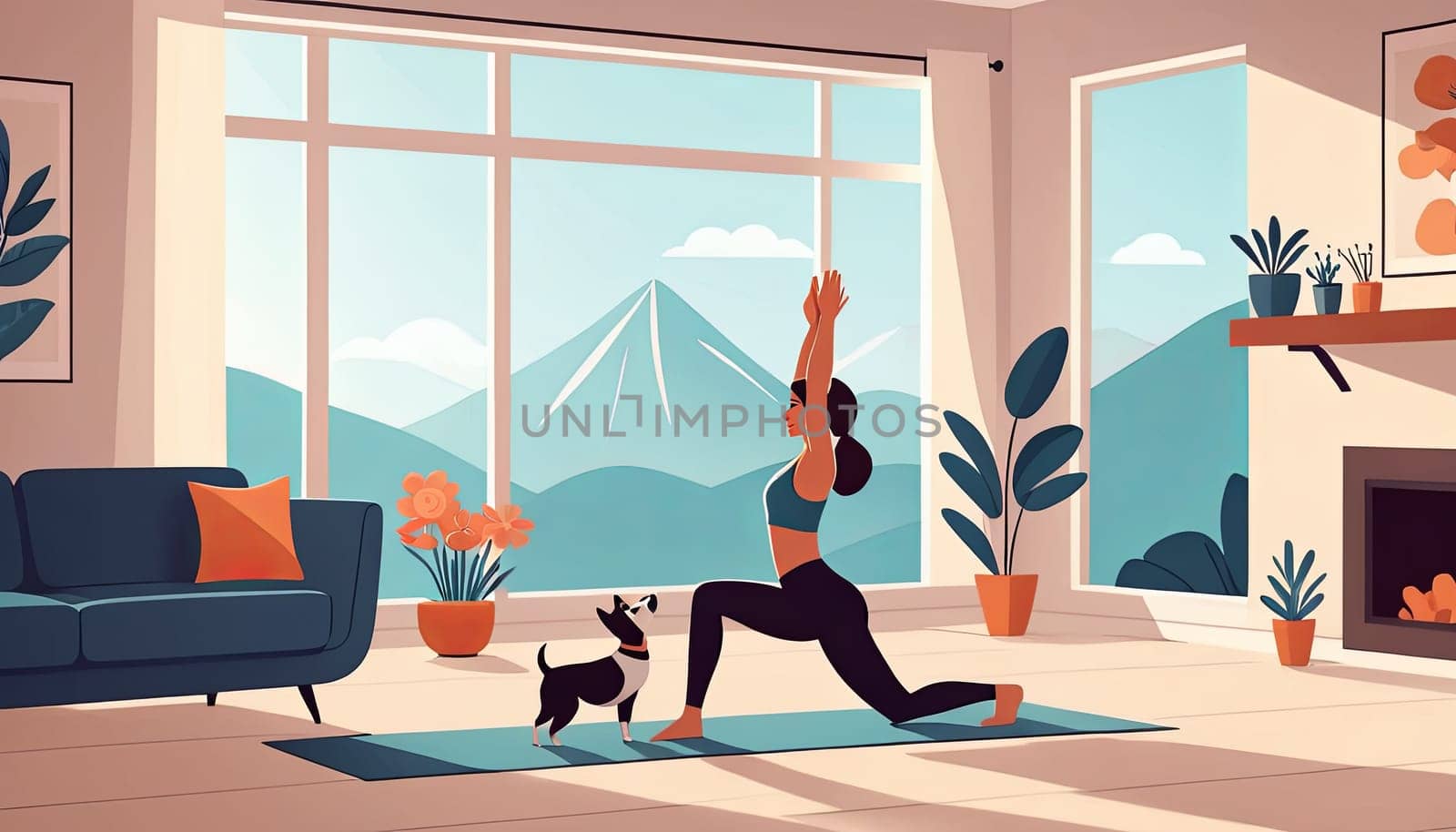 Woman practices yoga, dog nearby, home setting. Cartoon style, lifestyle depiction, interior scene. Meditation and sport emphasized