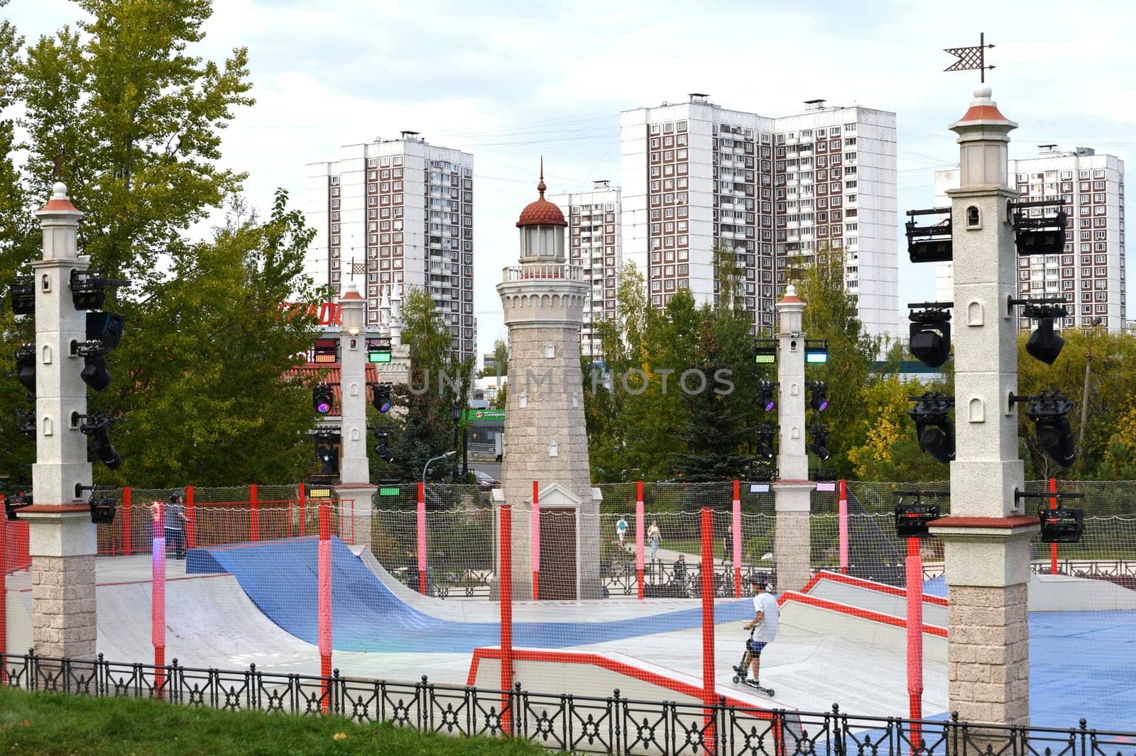 Moscow, Russia - Sept 24. 2023. pump track for extreme riding on bicycles, scooters, skateboards and rollerblades by olgavolodina