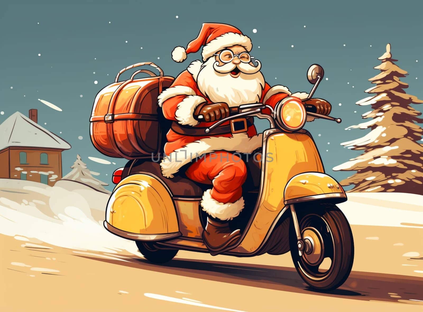 Profile side view of his he nice funny cheery white-haired St Nicholas riding moped hurry up rush delivering bringing pile stack giftboxes isolated bright vivid shine vibrant yellow color background. High quality photo