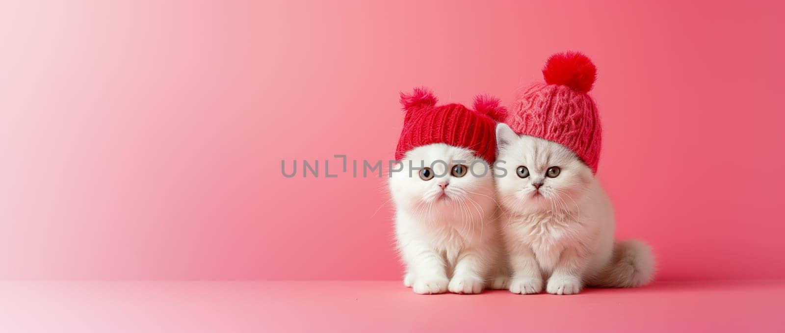 Banner National Love Your Pet Day Banner. Cute Little White Kitty in Red Knitted Hats on Pink Background. Mockup Fluffy Adorable Two Kittens, Space for Text. Pet Store. AI Generated. Horizontal Plane.