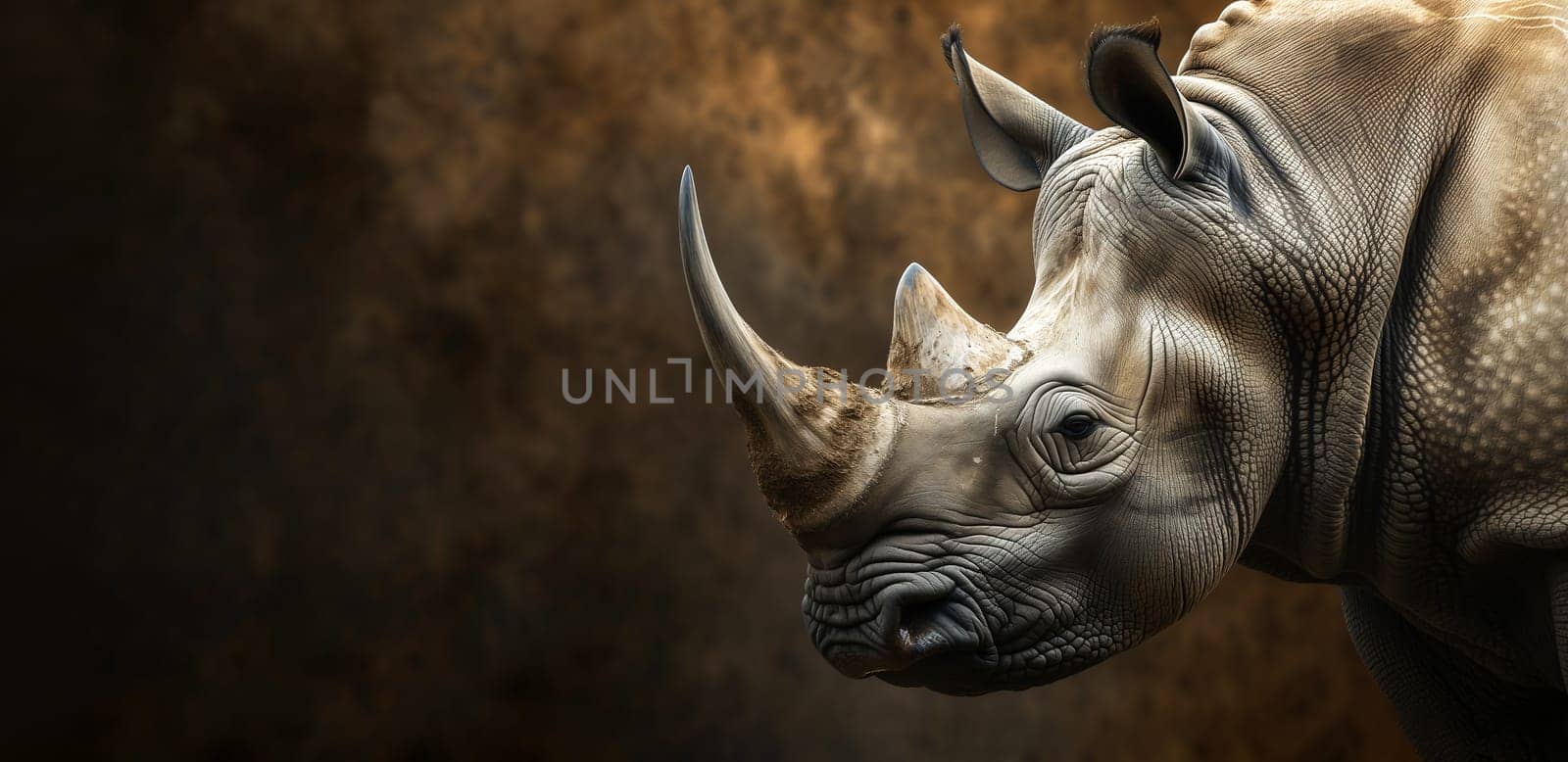 Design World Rhino Day, September 22nd. White Rhino, Rhinoceros On Dark Brown Background. Extant, Endangered Species, Wildlife. Space For Text. Power and Energy Horizontal. Spirit, Totem Animal.