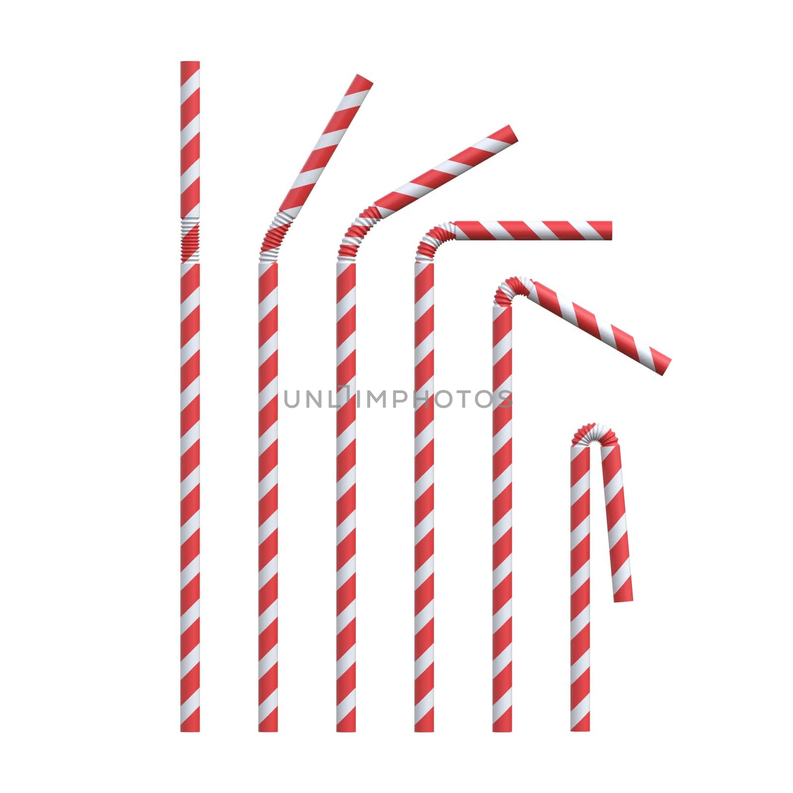 Set of red and white drinking straws spiral pattern 3D rendering illustration isolated on white background