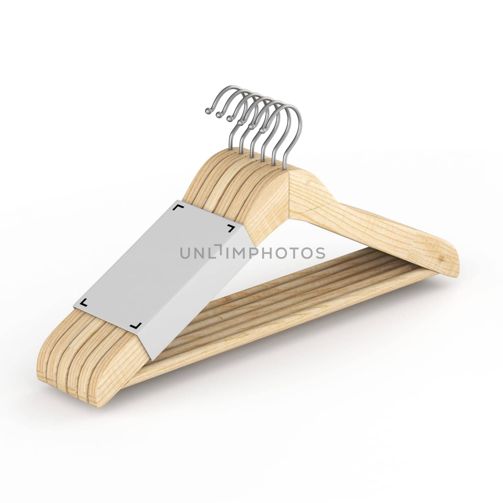 Pack of wooden coat hanger with blank label 3D rendering illustration isolated on white background