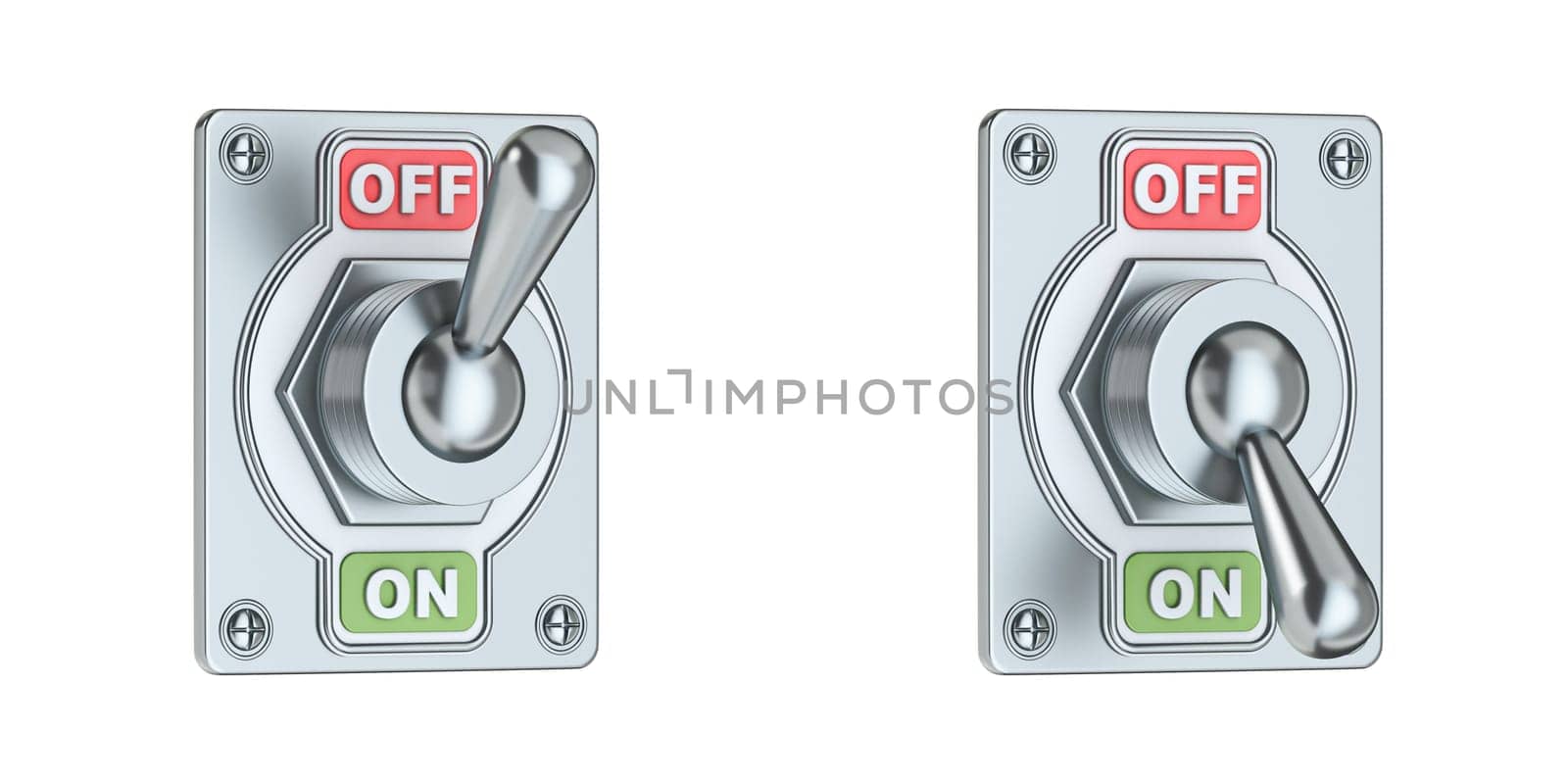 Metal buttons switch on and off 3D rendering illustration isolated on white background