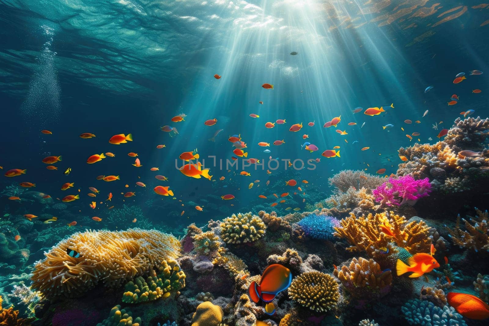 An underwater coral reef scene, diverse marine life. Resplendent. by biancoblue