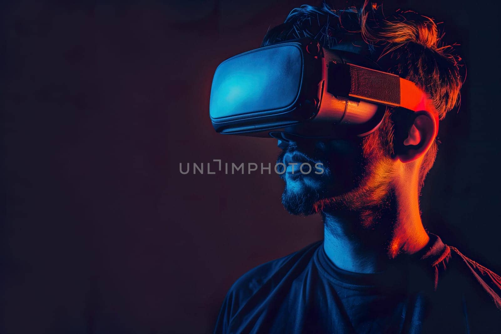 Man in VR glasses on dark background ai generated image