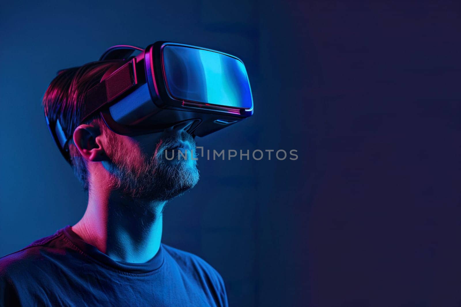 Man in VR glasses with purple backlights ai generated image