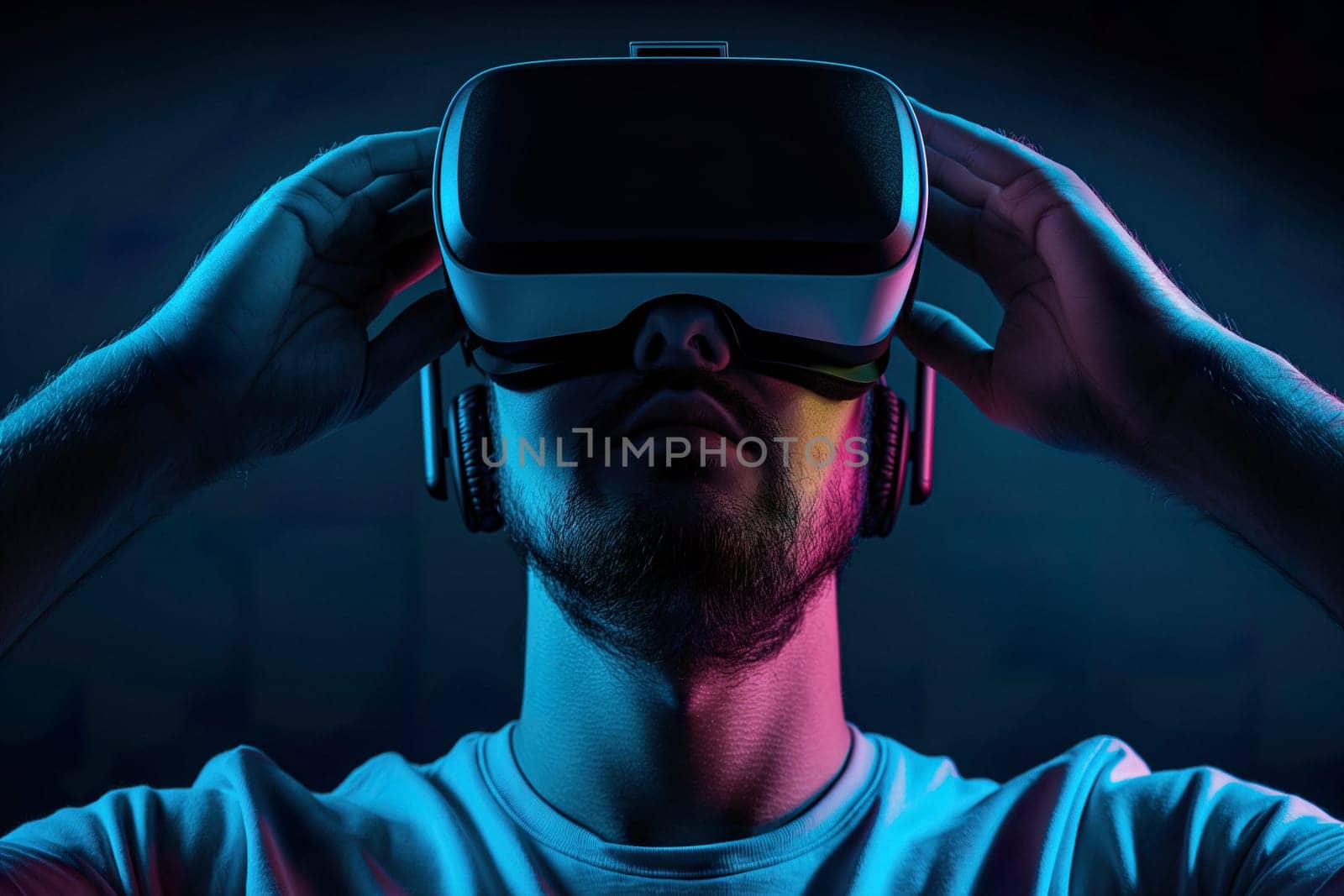 Man in VR glasses in dark blue lights front view ai generated image