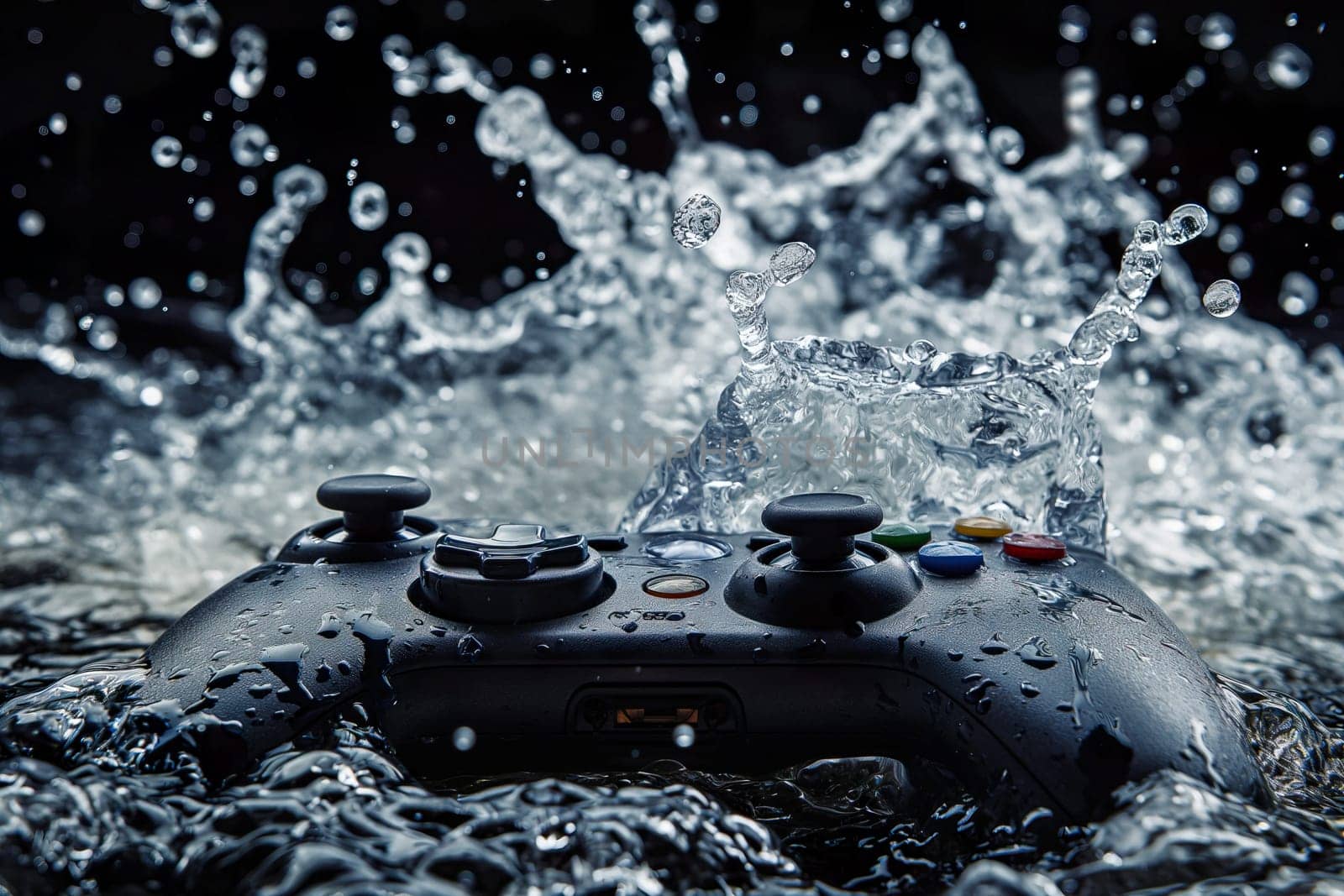 Black gamepad in splashes of water ai generated image