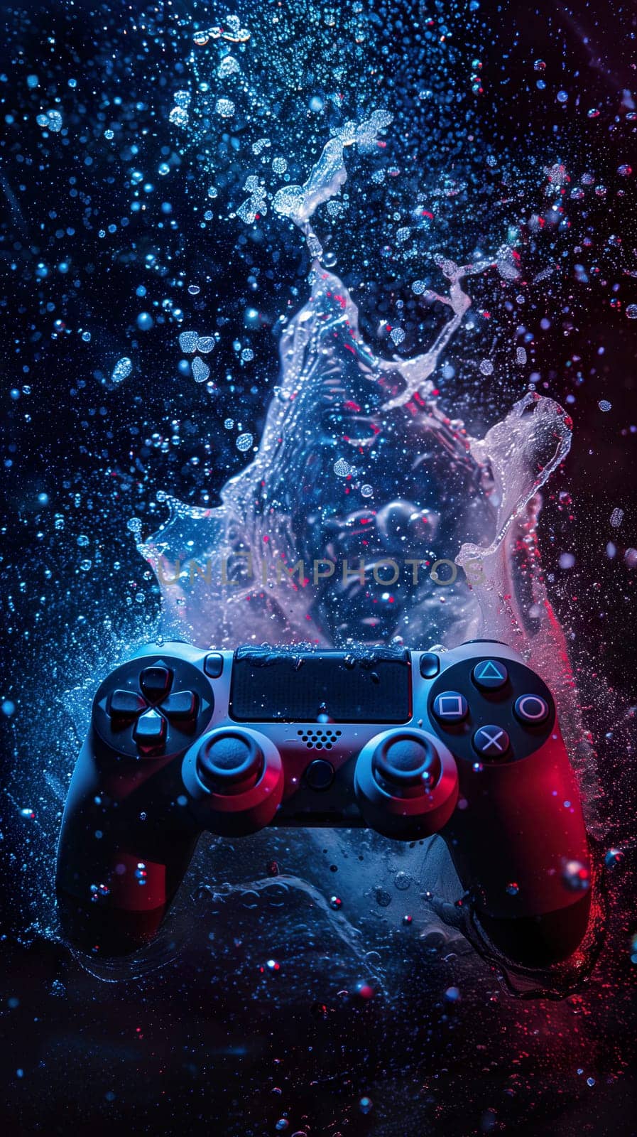 Black game controller with abstract particles background ai generated image