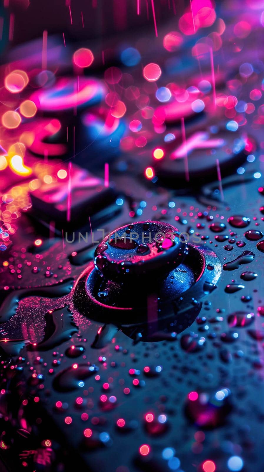 Buttons of joystick with water droplets in neon lights by Dustick