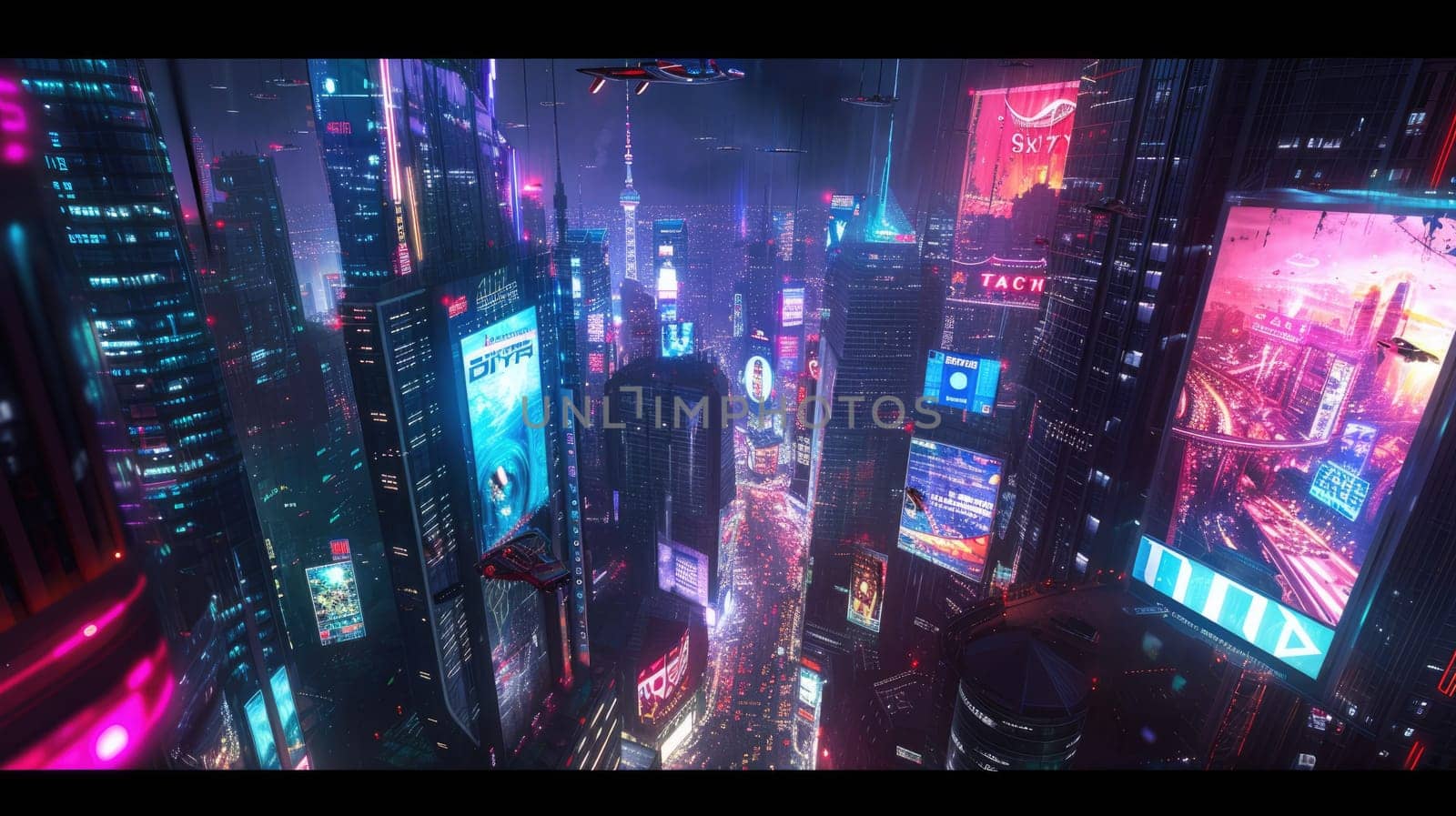 Futuristic city glows with soft hues, complemented by the sleek design of hovering vehicles above the vibrant skyline. Resplendent.