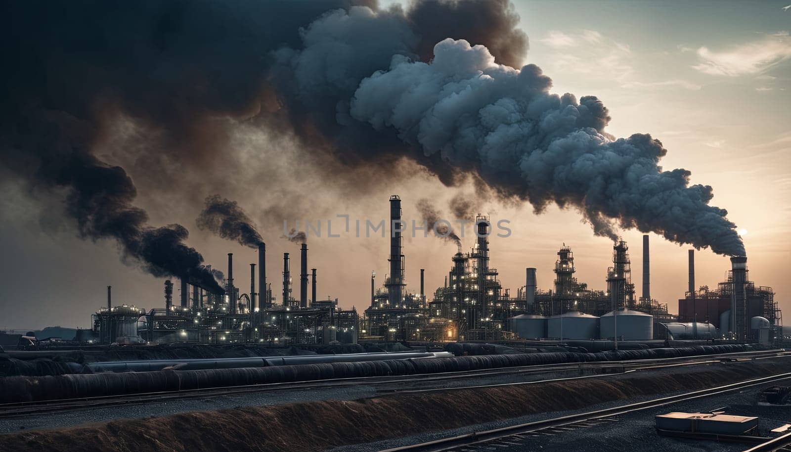 Pollution, Industry, Emissions: Industrial complex emits smoke during evening. pollution impact and environmental concerns. by panophotograph